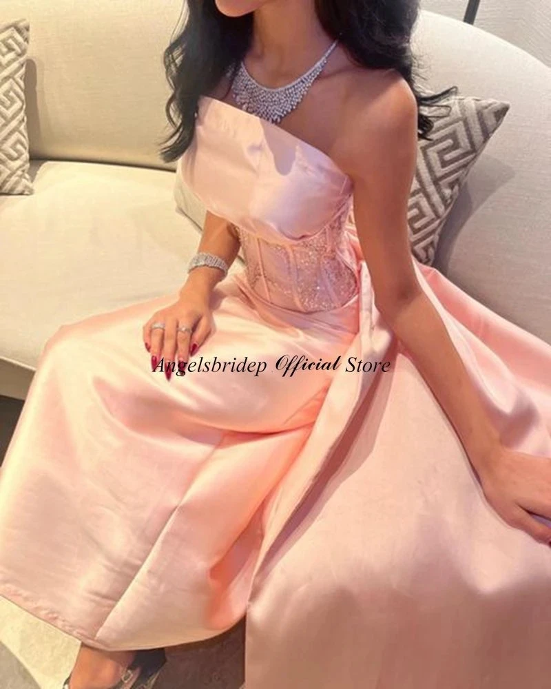 Angelsbridep Elegant Pink Prom Dress Mermaid Satin Evening Gowns Beadings Strapless Tail Party Graduation Dresses Robe De Soirée