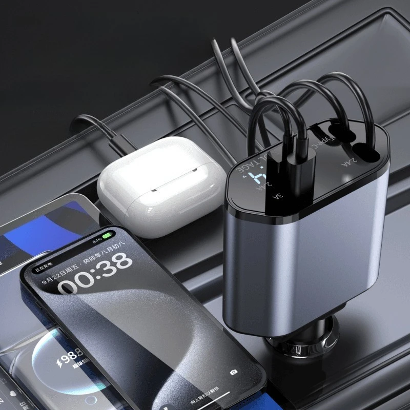 

120W Retractable Car Charger 4 in 1 Fast Charging Car Charger Retractable Cable Compatible Cars Charger Adapter New Point Smoker