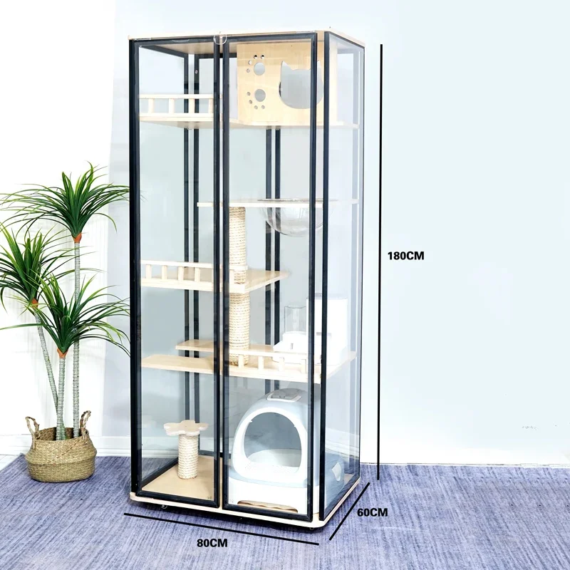 Solid wood cat cage household indoor cat house, double-layer nest wooden   litter box integrated transparent cat cabinet