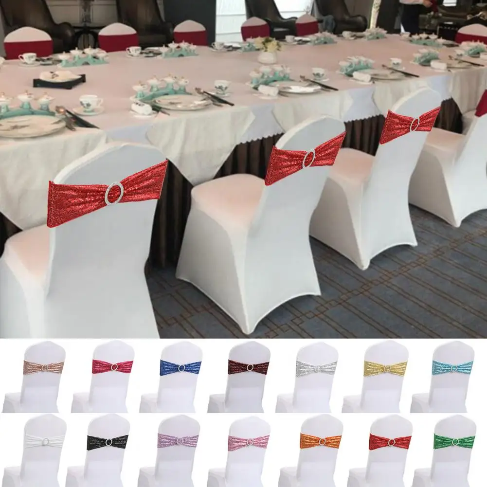 

Chair Sash Wedding Decoration Chair Back Bowknot Bright Color Sequin Bandage For Hotel Birthday Party Banquet Event