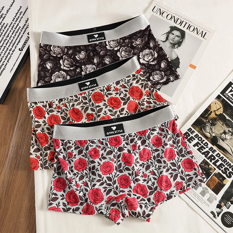 

Rose Printed Women Panties Ice Silk Boxers Sexy Lingerie Breathable Seamless Mid-Rise Boyshorts Ladies Retro Underpants Panty