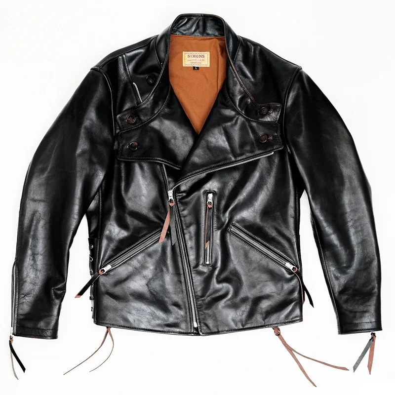 YR!Free shipping.2024 Brand new luxury tea core horsehide jacket.men super cool biker genuine leather coat.quality black