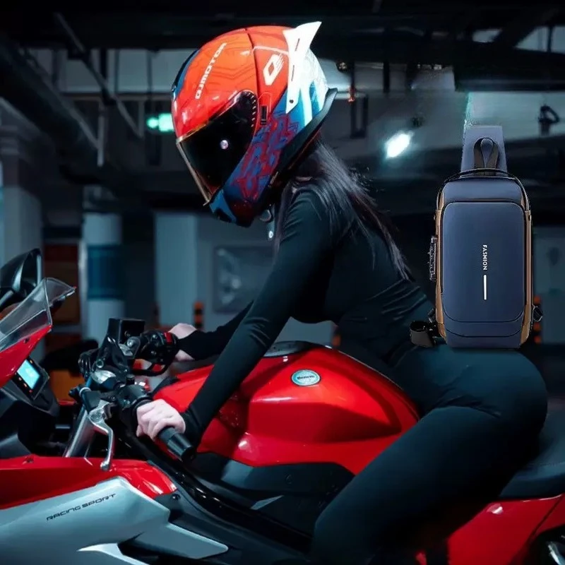 

Motorcycle Men Fashion Chest Anti-theft Tape Portable Backpack USB Charging Port Male PU Shoulder Outdoor Sports Crossbody Bag