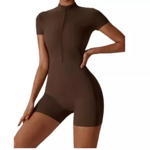 Mono de Yoga de manga corta con cremallera de verano para mujer, mono deportivo ajustado para baile y Fitness, europeo y americano