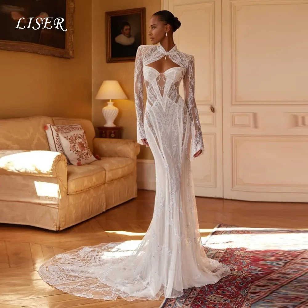 Liser O-Neck Luxury Wedding Dresses Sweetheart Full Sleeves Silk Lace Beaded Customized Elegant Long Bridal Gown robe de mariée