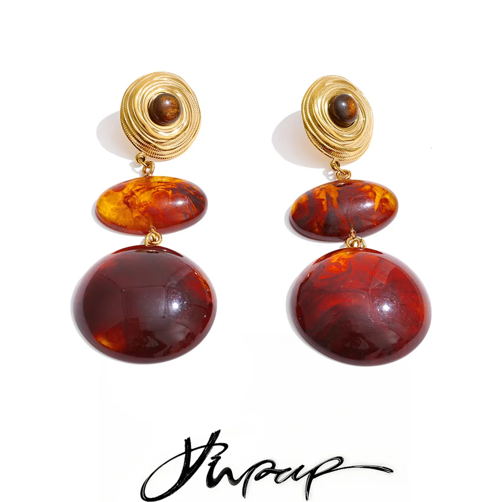 Yhpup Bernstein-Harz-Acryl-Ohrringe, runde Tropfen-Ohrringe für Damen, Edelstahl, Herbst, Winter, Alltag, Retro-Trend-Schmuck, rostfrei