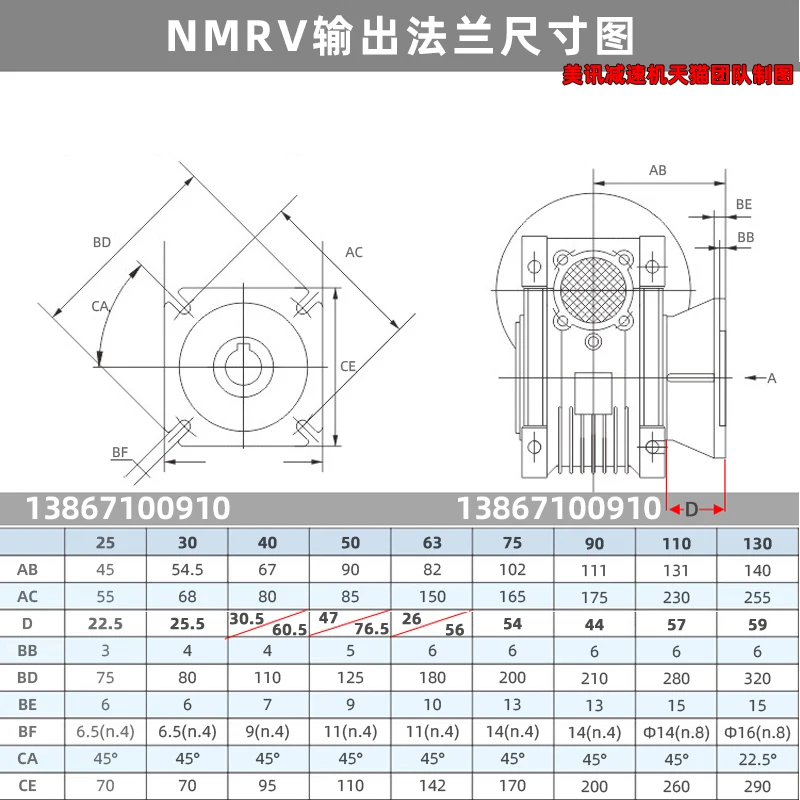 NMRV aluminum material worm gear reducer accessory output flange FE output seat flange FD installation seat