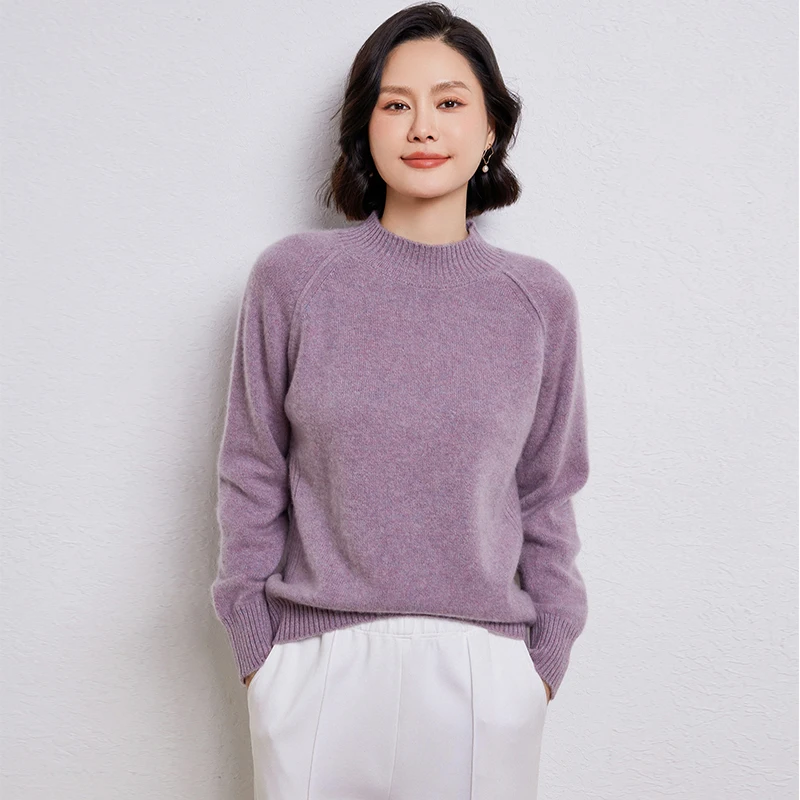 Autumn/Winter New Sweater Women's Clothing 100% Wool Half High Collar Knitted Pullover Casual Loose Thick Tops Fashion Korean