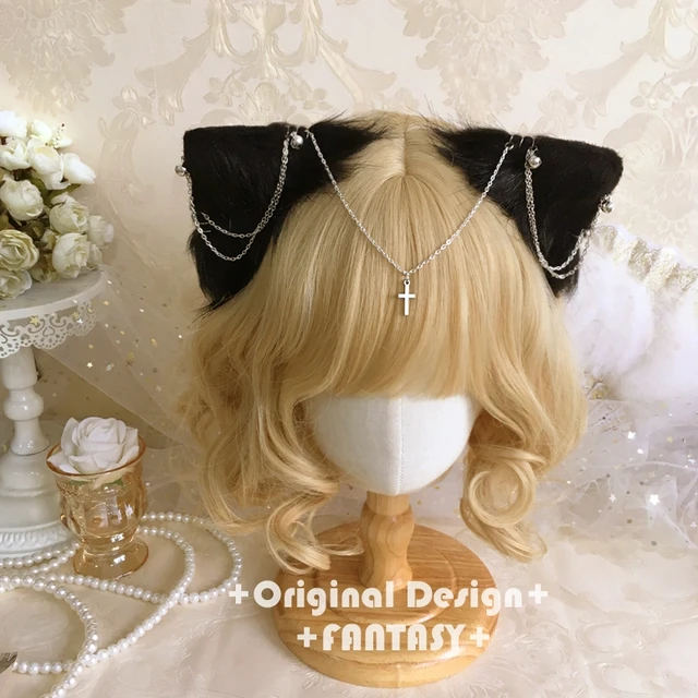 Kocie uszy cosplay ciemny ręcznie robiony łańcuszek Lolita kocie ucho gotyckie cosplay ucho zwierzęce lolita akcesoria