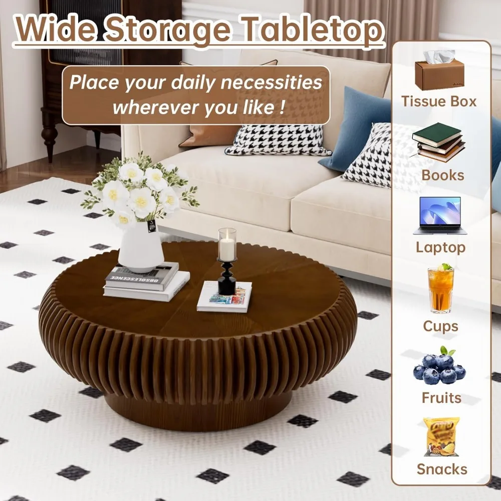 모던 플루티드 드럼 커피 테이블, 지름 31.4인치, 월넛 마감, 거실용