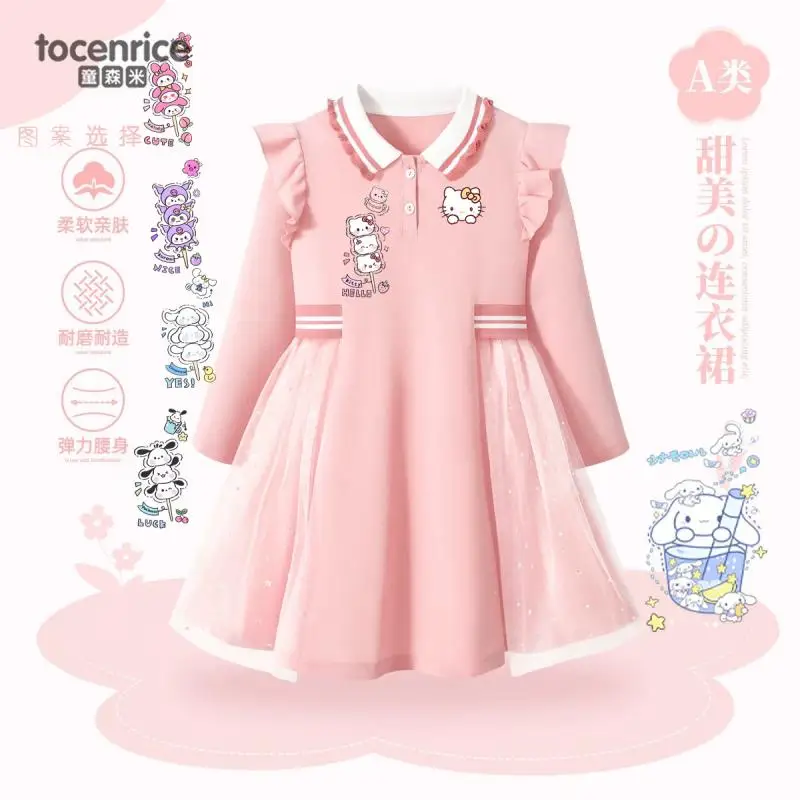 Vestido feminino de princesa Kuromi Hello Kitty, saia plissada, estilo preppy, doce, crianças, Sanrios, primavera, outono, novo