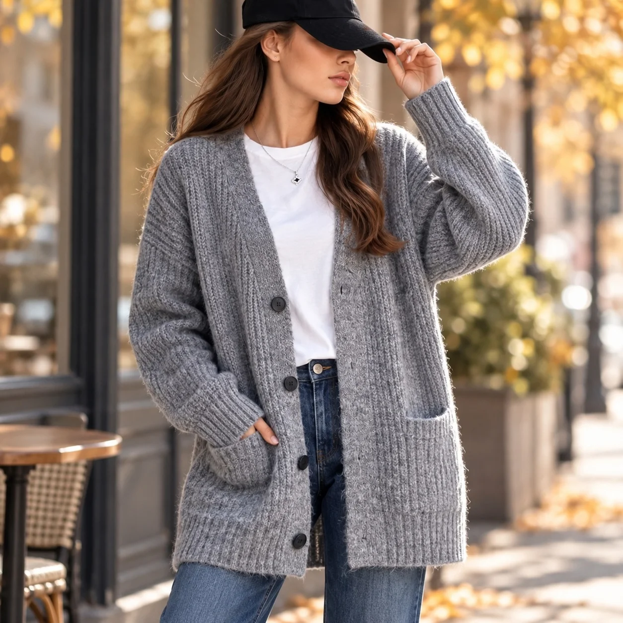 Thick V Neck Sweater Loose Fit Commute Style with Regular Sleeve Open Front Autumn Button Closure Long Sleeve Cardigan for Women
