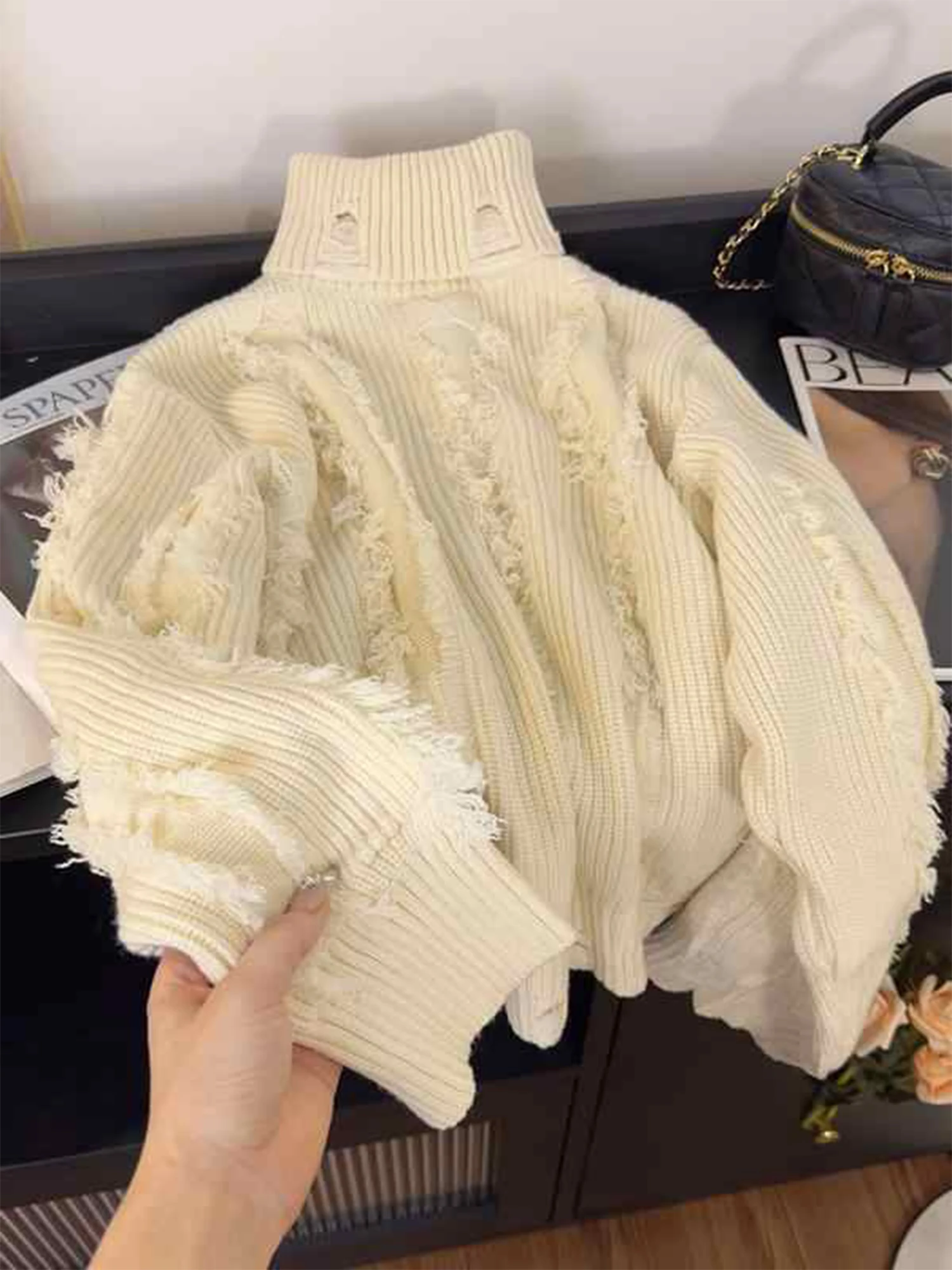 Women's White Pullover Tassel Sweater Harajuku Vintage Y2k Warm Thicken Long Sleeves Turtleneck Cashmere Sweaters 2000s Clothes