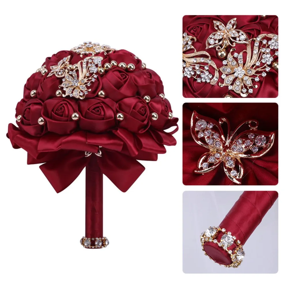 1Pcs Bridal Handmade Bouquet Rhinestone Satin Ribbon DIY Wedding Bridesmaid Hand Flower Wedding Party Decoration Photo Props