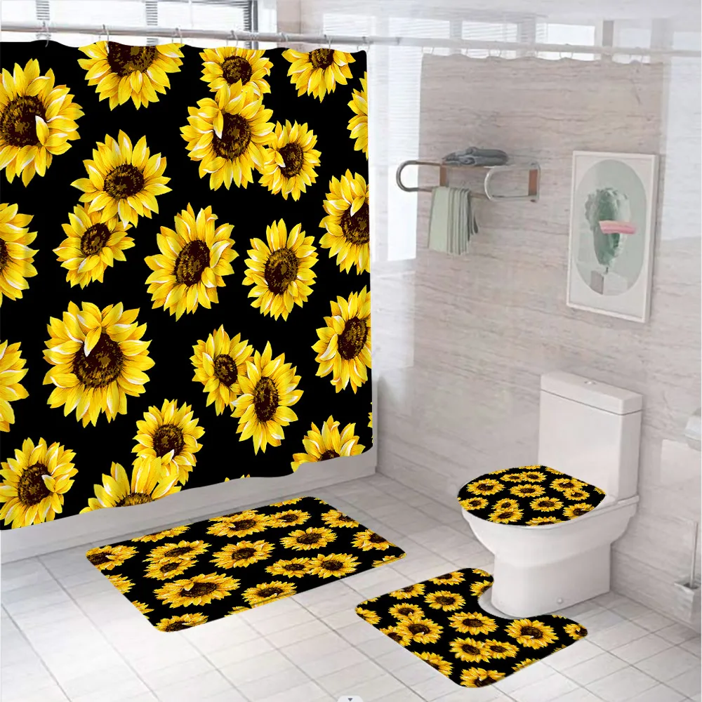 Sunflower Botanical Floral Shower Curtain Sets Garden Blooming Flowers Plant Fabric Bathroom Curtains Bath Mat Rug Toilet Cover