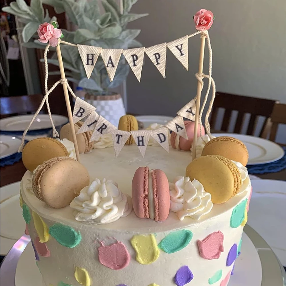 Happy Birthday Kuchen Wimpelkette Topper Kuchen Topper Girlande, handgefertigte Wimpelflaggen mit Holzstange Elfenbein (mit rosa Rose)