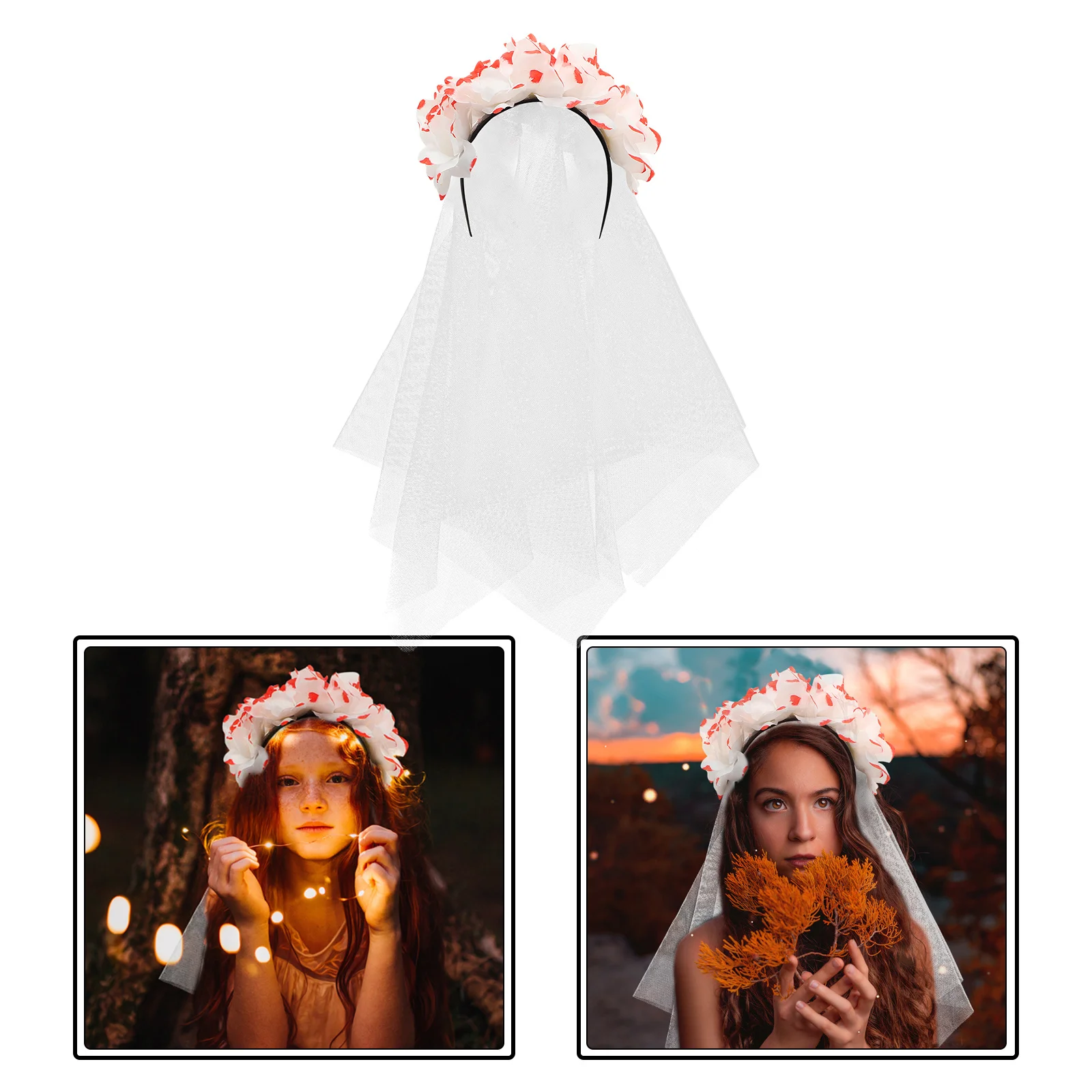 Czerwono-biała opaska z kwiatami róży, welon, kostium na Halloween, akcesorium do cosplayu, damski strój festiwalowy, unikalny kwiatowy dekor