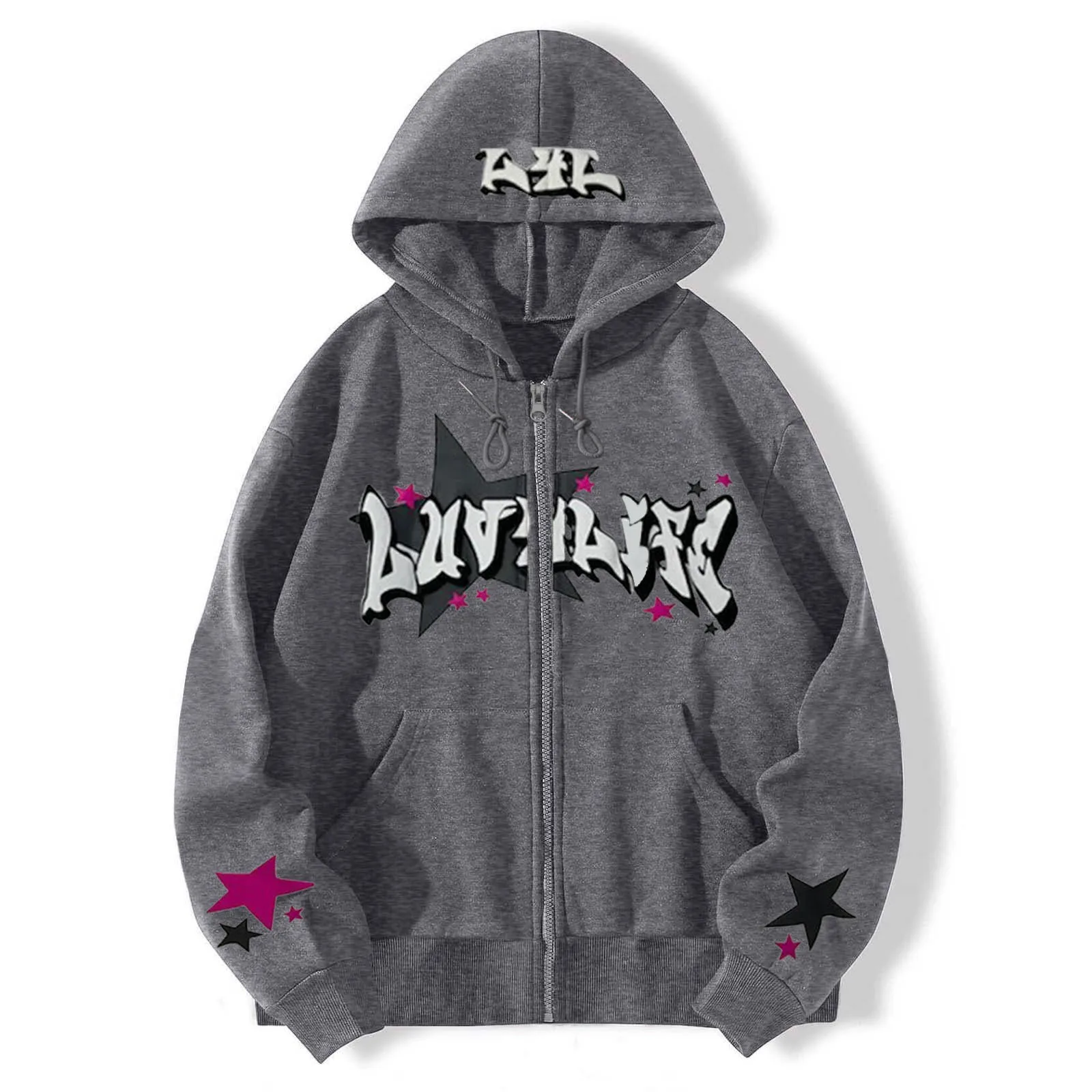 الخريف/الشتاء الرجعية Y2K الرجال والنساء قلنسوة بسحاب الشارع العصرية سترة معطف القوطية رسالة الخماسي مطبوعة هوديي البلوز #5