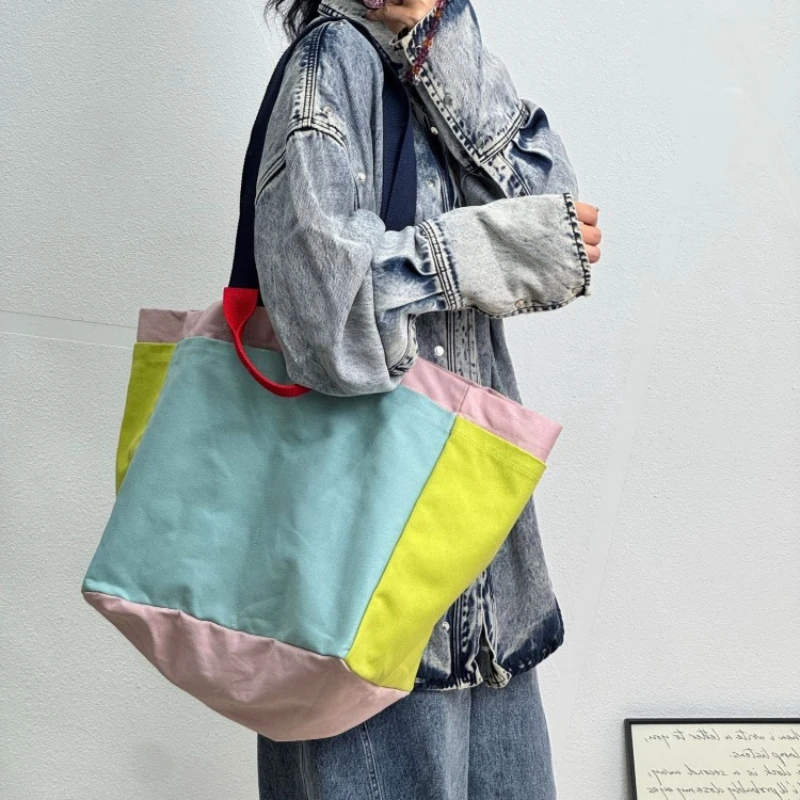 Women's Colorblock Canvas Tote Bag with Large Capacity Multi-Compartment Commuter Shoulder Gym Work Organizer Bag