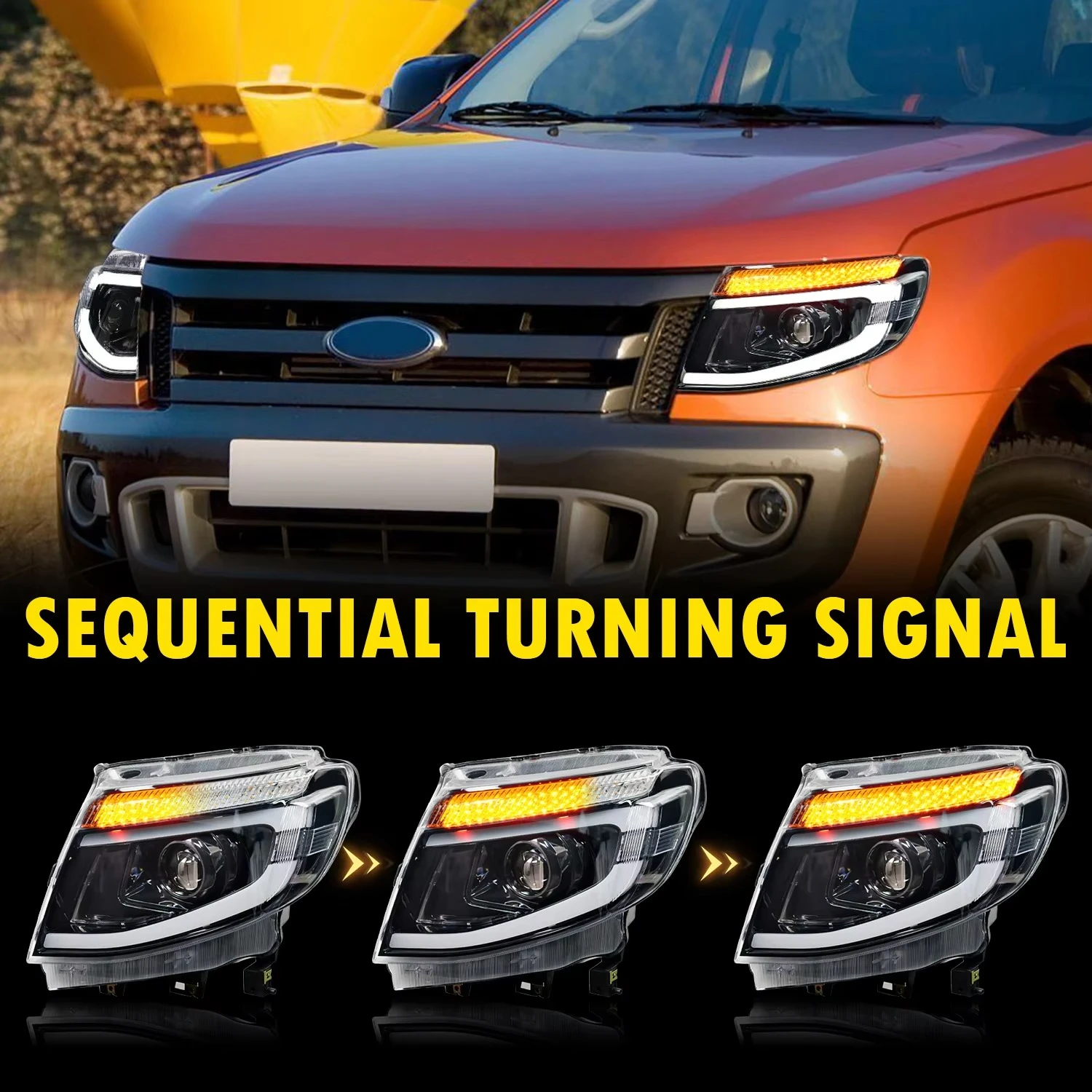 Headlight forFord Ranger Raptor T6 2012-2015 Head Lamp with DRL and Sequential Turn Signal Full Led Car Headlight Plug and Play