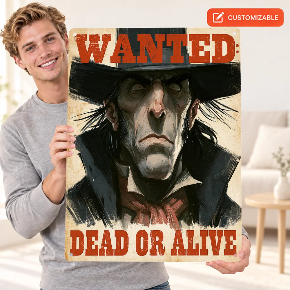 Wanted Cowboy Portrait Aluminum Poster Personalized Metal Sign Western Illustration Wall Art For Media Room Movie Collector Gift