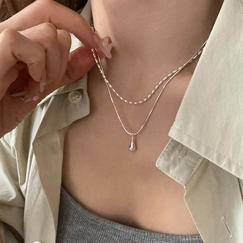 GANPUP Trendige Tropfenförmige Anhänger-Halskette für Damen, Modisches Neues 925 Silber-Plattiertes Doppelschicht-Ketten-Schmuckstück, Geschenk für Party – Detail 2