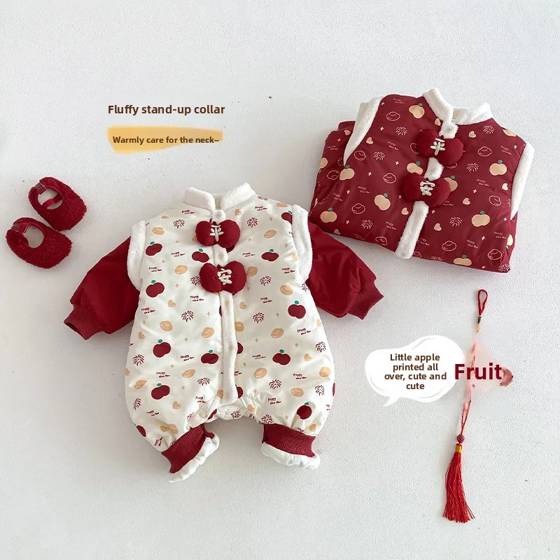 ملابس أطفال احتفالية للعام الجديد 2025 ملابس شتوية جديدة للأطفال على الطراز الصيني ملابس مخملية محظورة ملونة لحديثي الولادة