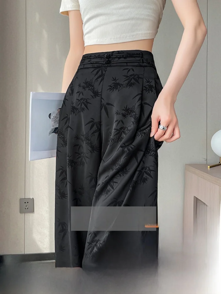 

Black New Chinese Style Wide Leg Pants Women's Acetate Satin Straight Tube Silk Ice Pants High Waist Elastic No Ironing Needed