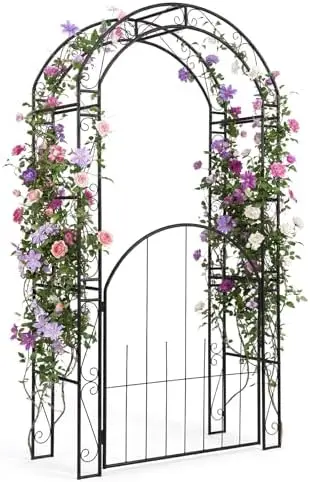 84'' Garden Arbor with Gate, Heavy-Duty Metal Arch Trellis for Climbing Plants Vines Roses, Wedding Archway for