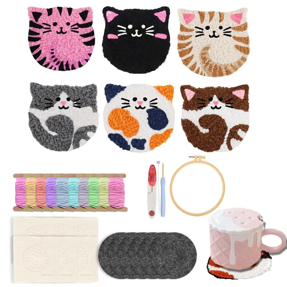

GATYZTORY 6pcs Cat Punch Needle Coaster Set for Drinks Tufted Embroidery Coasters Coffee Table Decor