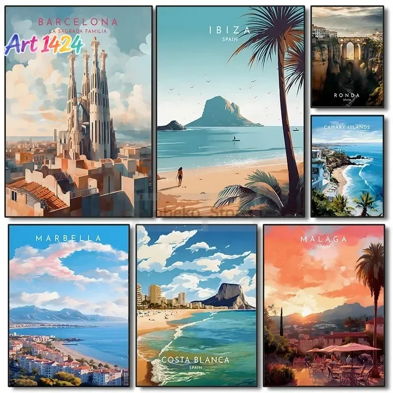 Póster de viaje por España: Barcelona, Málaga, Ibiza, Ronda, Lanzarote. Impresiones en acuarela, pintura sobre lienzo, cuadros para decorar paredes, imágenes para el hogar y la habitación.
