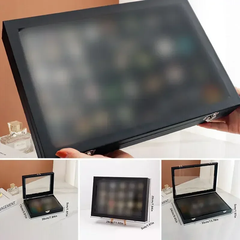 Transparent Pin Display Case with Lock Dustproof Glass Lid Badge Storage Box Jewelry Medal Collection Display Box Black