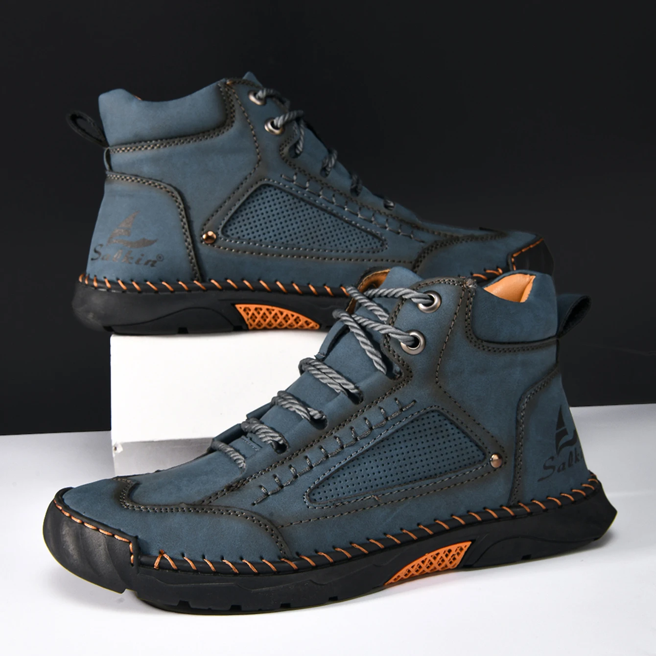 Hand-nähen Casual Leder Schuhe Männer Stiefel Outdoor Herbst Retro Atmungsaktive Casual Schuhe Lace Up Blau Stiefeletten Winter