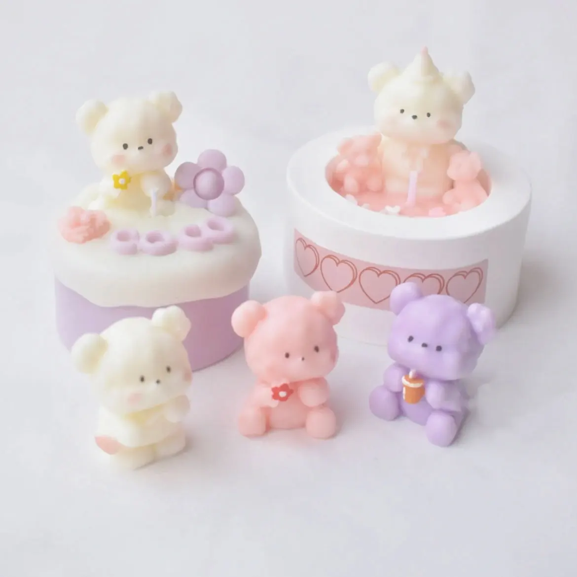 Cute Bear Backpack with Hood, Holding Flowers and Drinks, Small Bear Handmade DIY, Aroma Cake Candle Mold