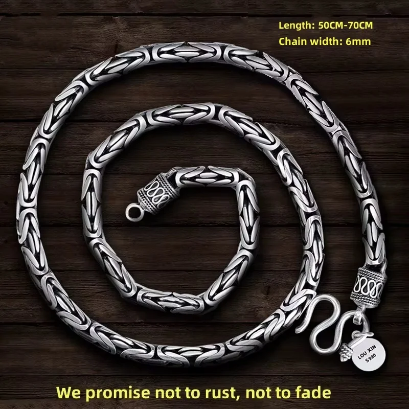Factory Price New Fashion 100% Pure S990 Silver Jewelry Retro 6MM Thick Six-Character Mantra Trendy Personality Man Necklaces