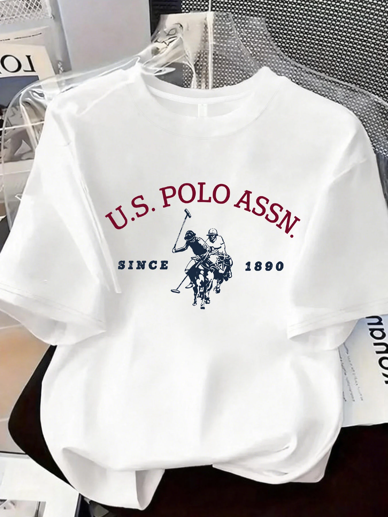 【WZM17223】Fashionable women's clothing with letters and horse riding print large size women's T-shirt short-sleeved casual round