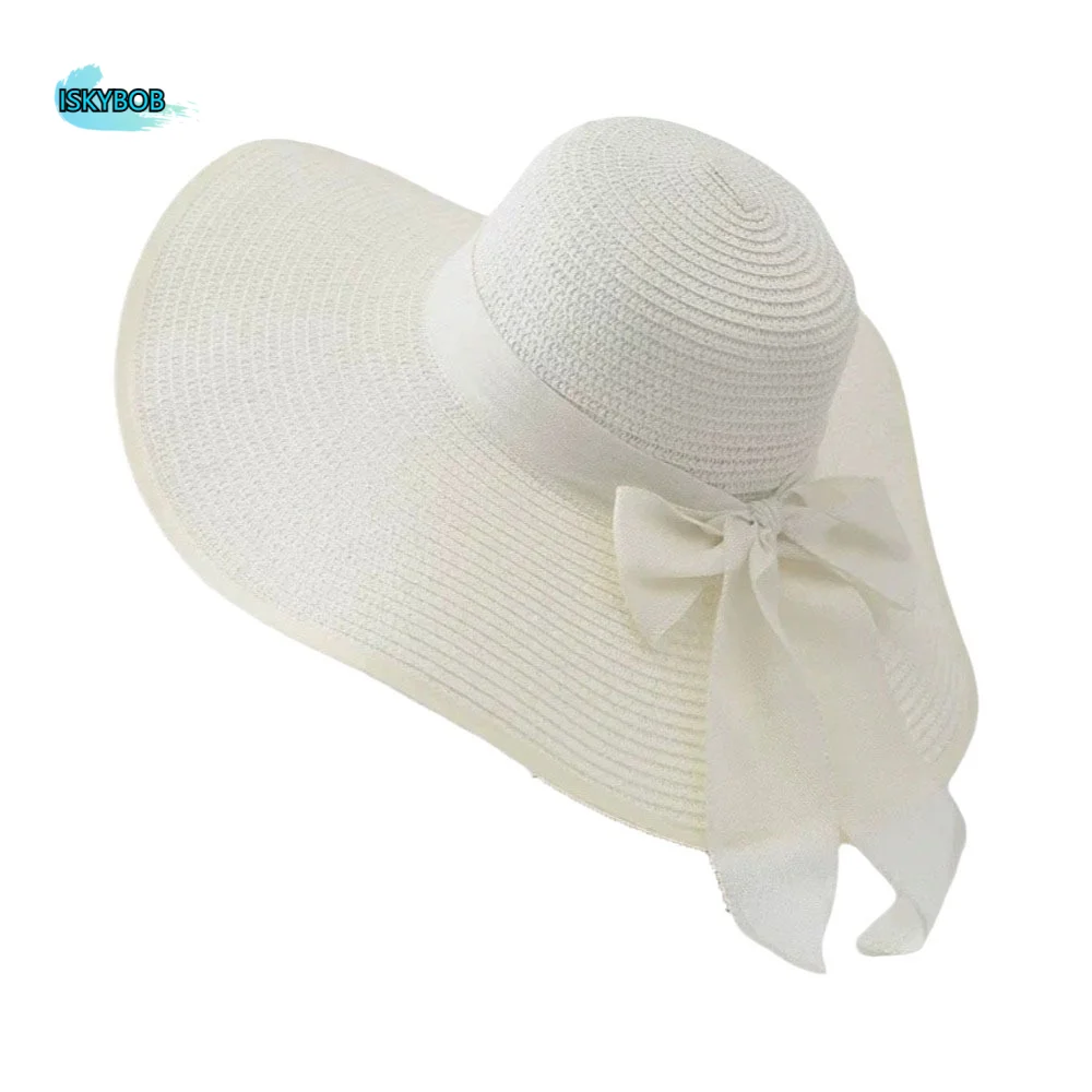 

Casual Wide Brim Straw Sun Hat Bowknot Ribbon Oversize Weave Sun Cap Flat Hat British Style Sun Protection Hat Outdoor