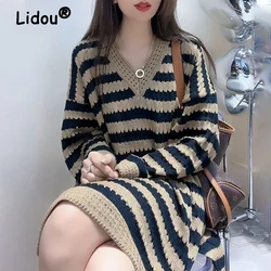 Fashion 2022 Women Striped V Neck Knitting Sweater Dresses New Autumn Winter Loose Pullover Jumper Long Sleeve Tunic Tops Female