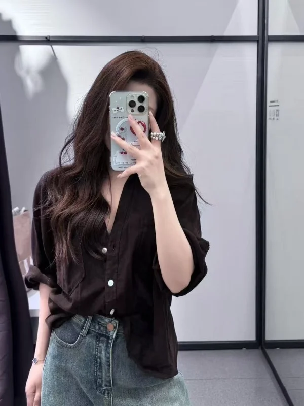 

Spring Summer 2026 Women's Casual Style Loose Fit Linen Blend Shirt Sweet Vacation Vibes Gathered Collar Breathable Long Sleeve