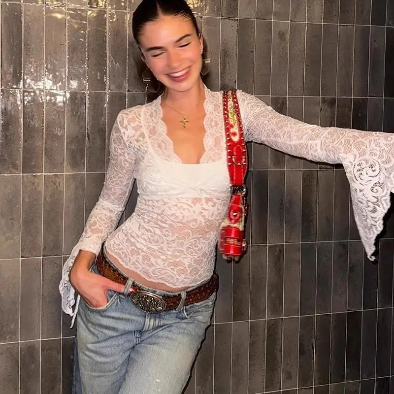 

European and American style sexy spice lace semi-transparent V-neck flared long-sleeved top women's new wear slim slim short T-s