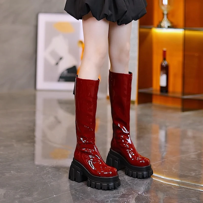 

Patent Leather Women Knee High Boots Fashion Back Zippers Shoes Autumn Winter Platform Ladies Knight Long Booties