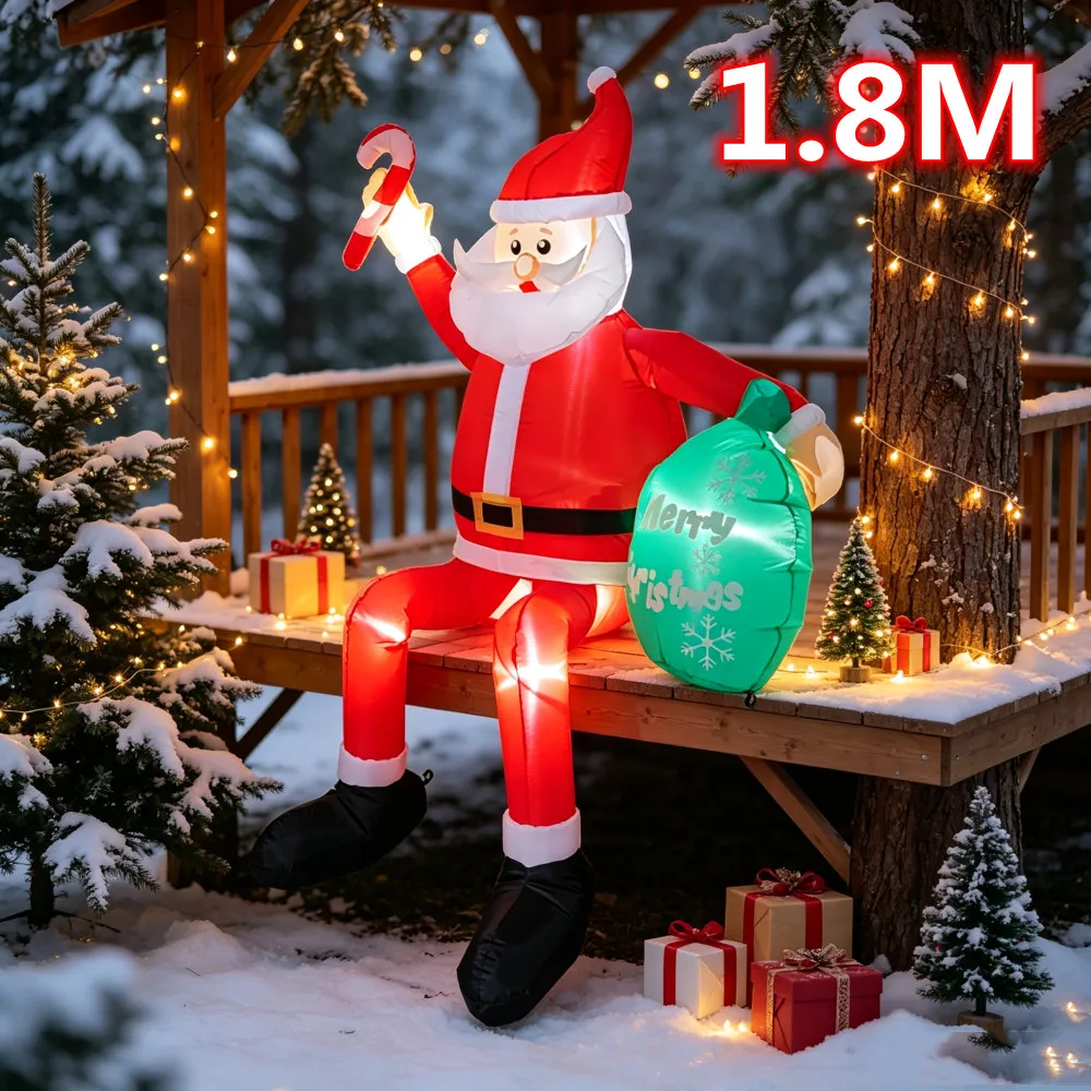 1.8M Christmas Inflatable Sitting Santa Claus Built‑in LED Light for Roof Yard Garden Indoor Outdoor Xmas Holiday Decoration