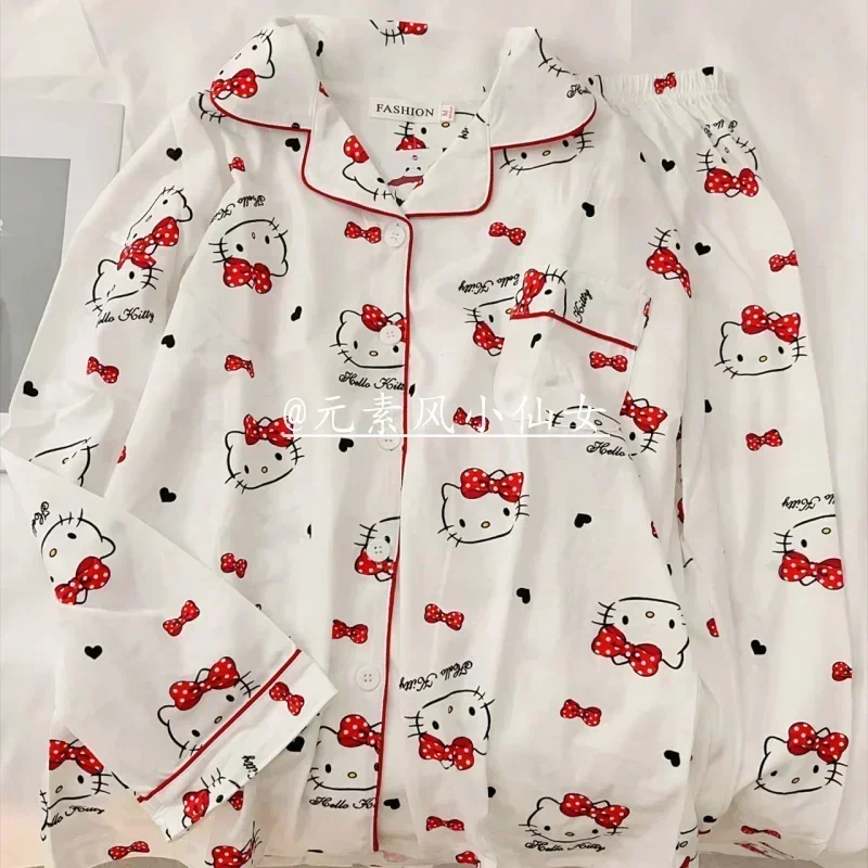 Cute Hello Kitty Kuromi Sanrio pajamas for women spring and autumn long-sleeved trousers ins style cartoon student home wear set