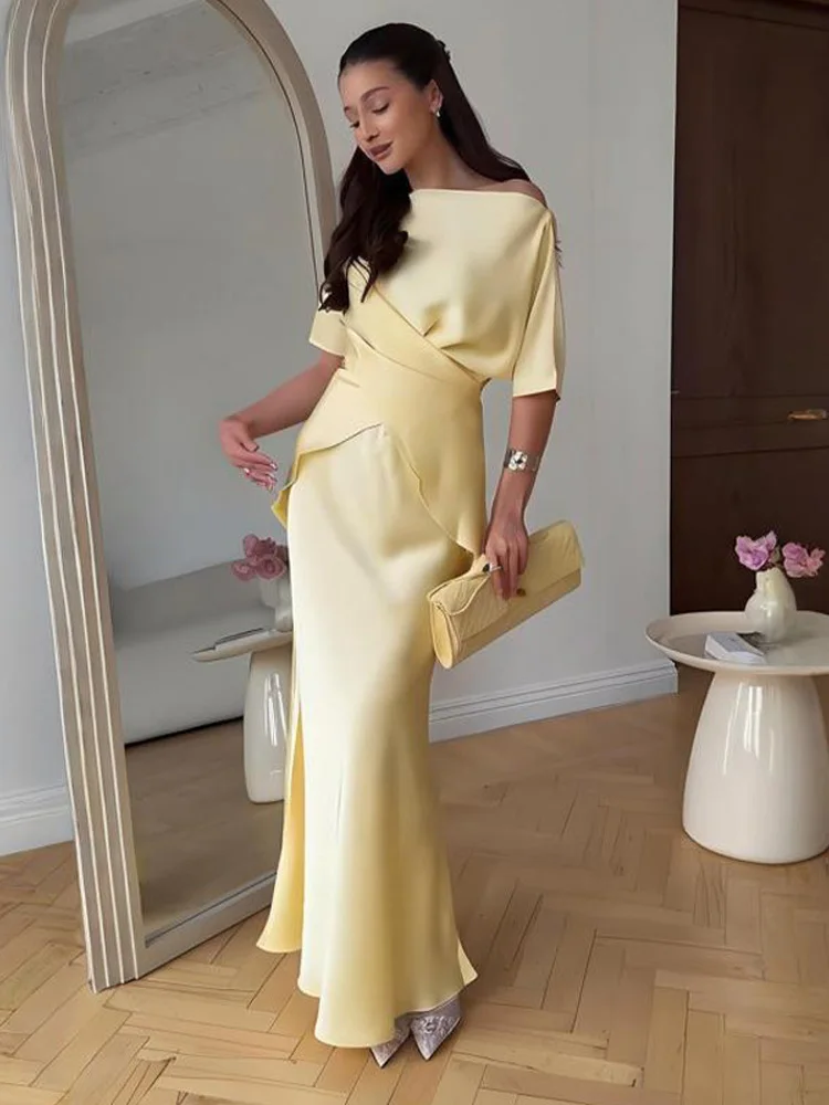 

Women Yellow Satin Tops Skirt 2 Piece Set Fashion Lace Up Top High Waist Mermaid Skirt 2025 Summer Sexy New in Matching Suits