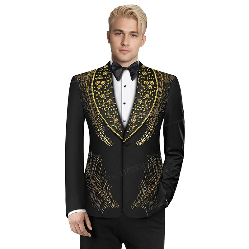 

Elegante Men's Black Suits 2 Pieces Customized Slim Fit Tuxedos For Wedding Groom Business Prom Fashion Golden Beads Suits