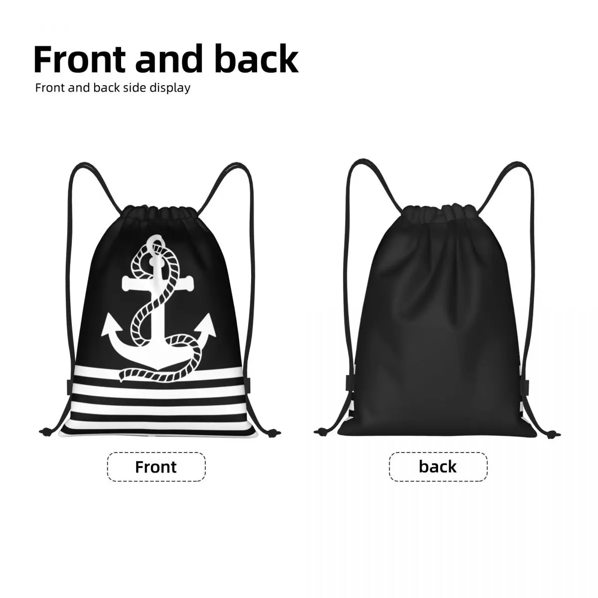 Custom Black White Nautical Stripes And Anchor Drawstring Backpack Sport Gym Sackpack Portable Sailing Sailor Shopping Bag Sack