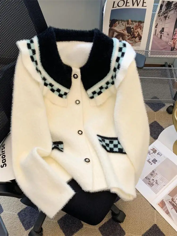 

French Vintage Black White Patchwork Mink Sweater Women's 2024 Autumn Winter New Elegant Long Sleeve Cardigan Knit Tops Fashion