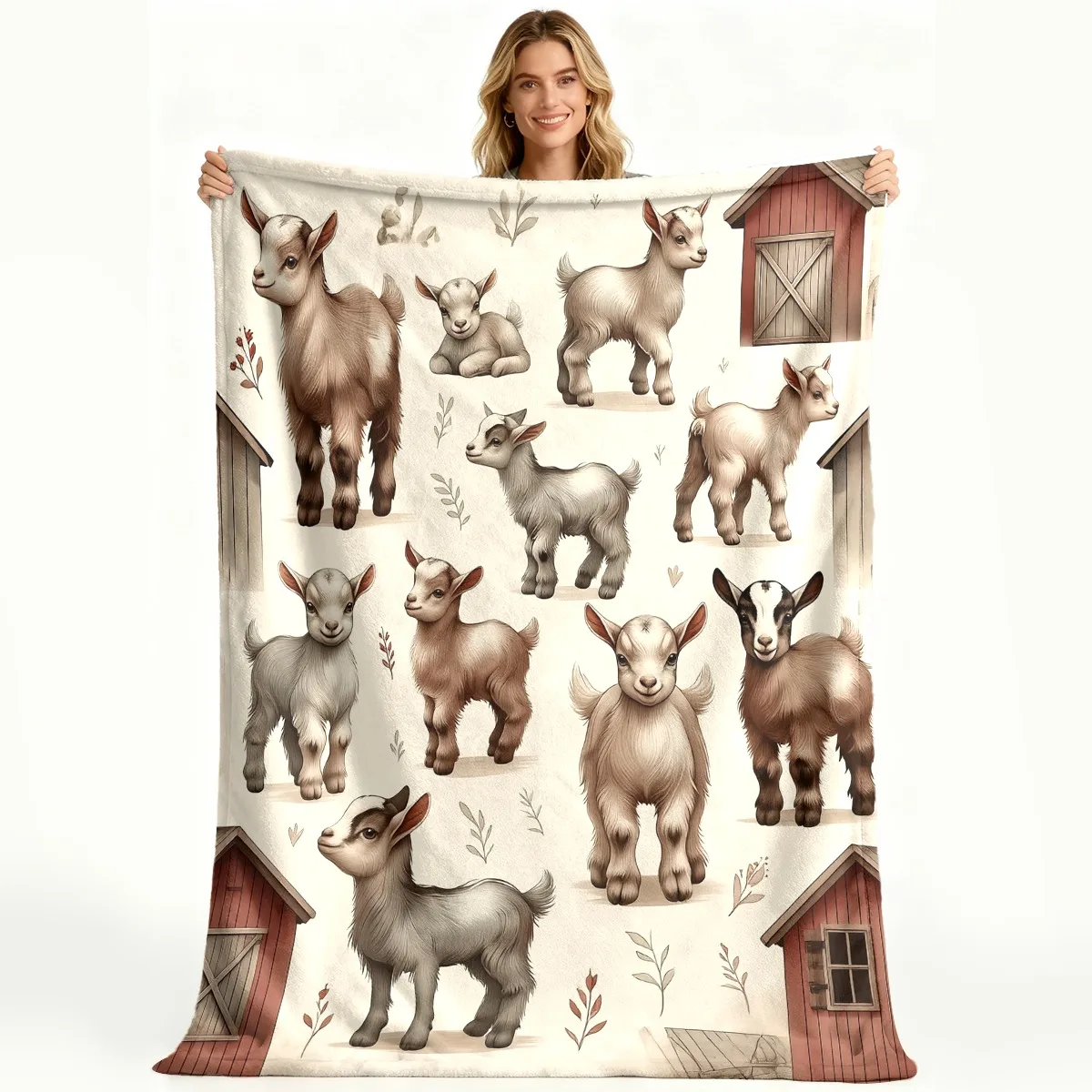 Cute Goats and Farmhouses in Rustic Art Pattern Flannel Trendy Printing Nap Blanket Soft Balcony Christmas Gift Perfect for Exceptional Quality Premium Choice Ideal Choice Premium Choice Luxurious Feel
