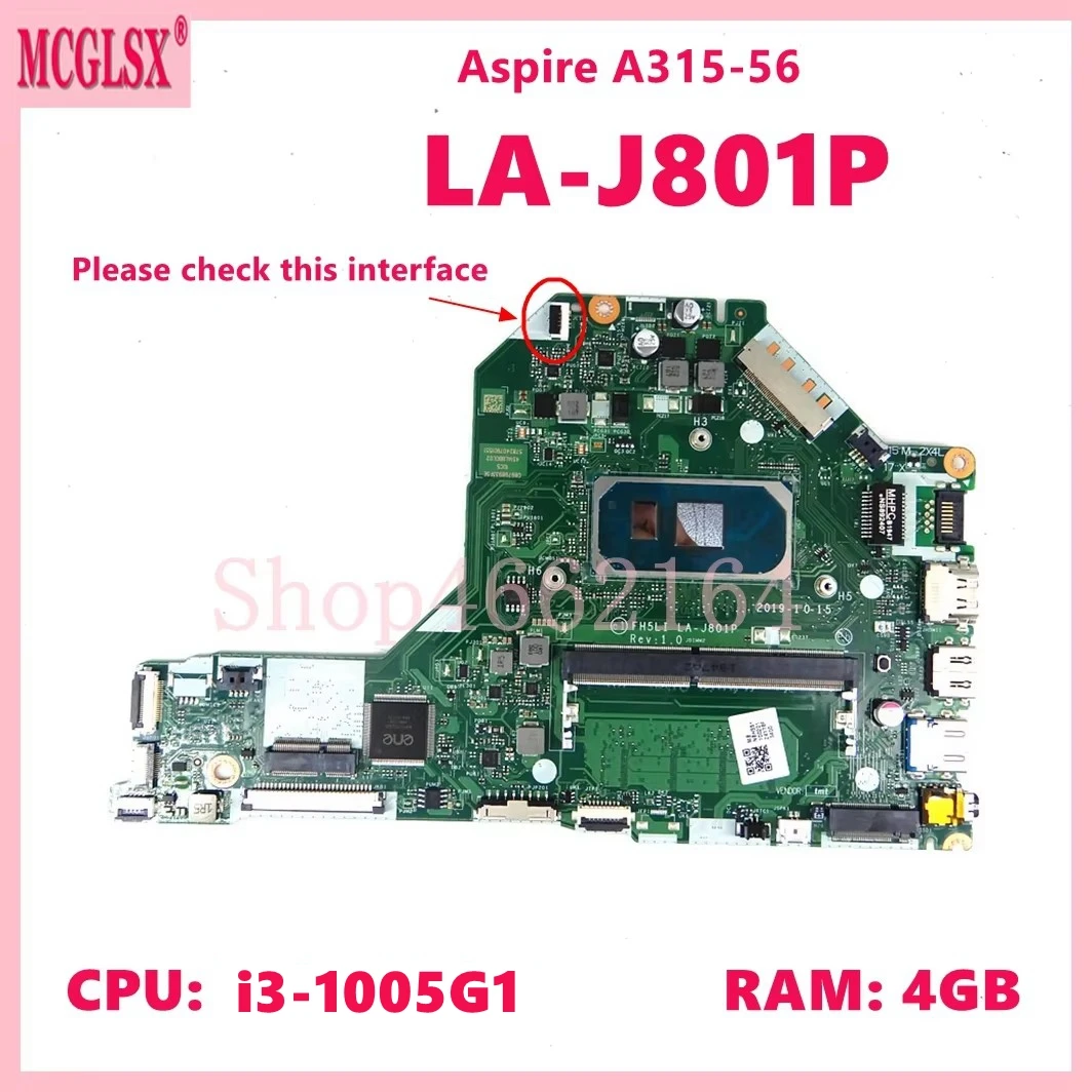 LA-J801P con i3-1005G1 CPU 4GB-RAM placa base para portátil ACER Aspire A315-56 placa base para ordenador portátil 100% probado OK