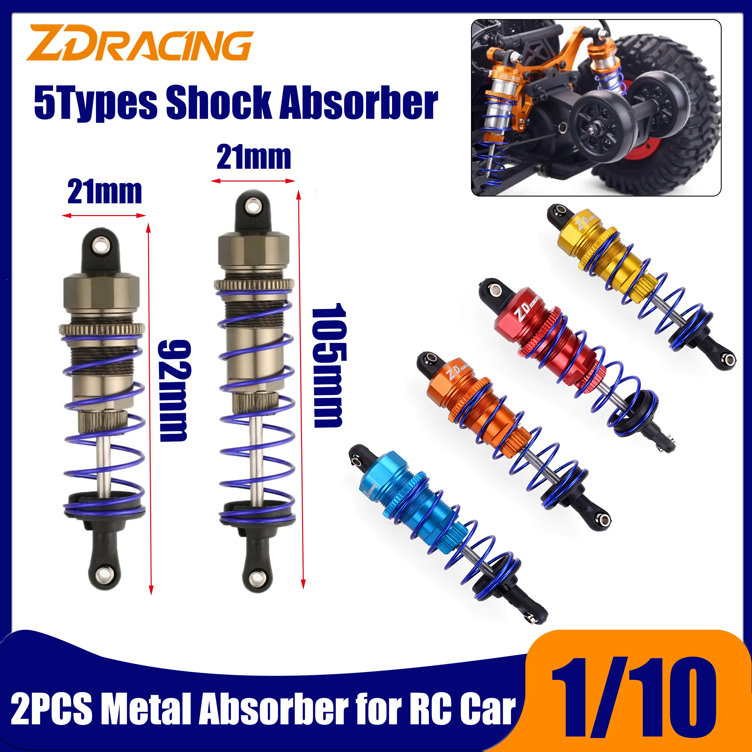 2 pçs 92mm dianteiro 105mm amortecedor traseiro de metal suspensão para 1/10 rc carro caminhão zd racing redcat hongnor lrp hpi hobao
